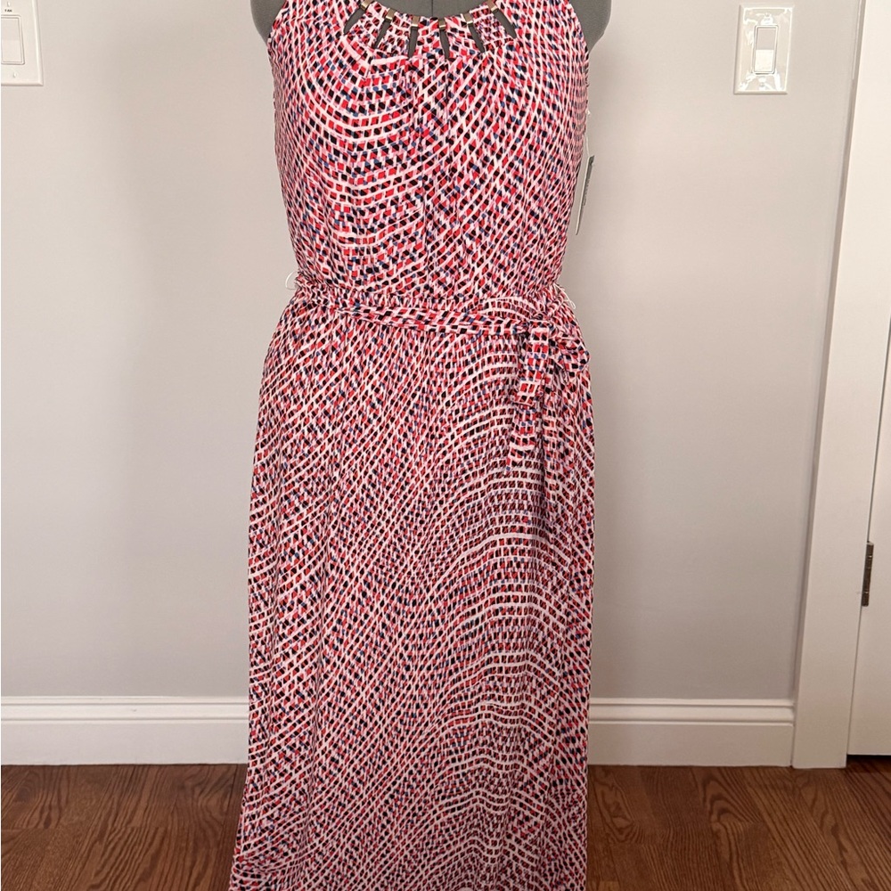 Guess Maxi Dress Size 10 NWT Red Multi Geometric Print Belted Sleeveless